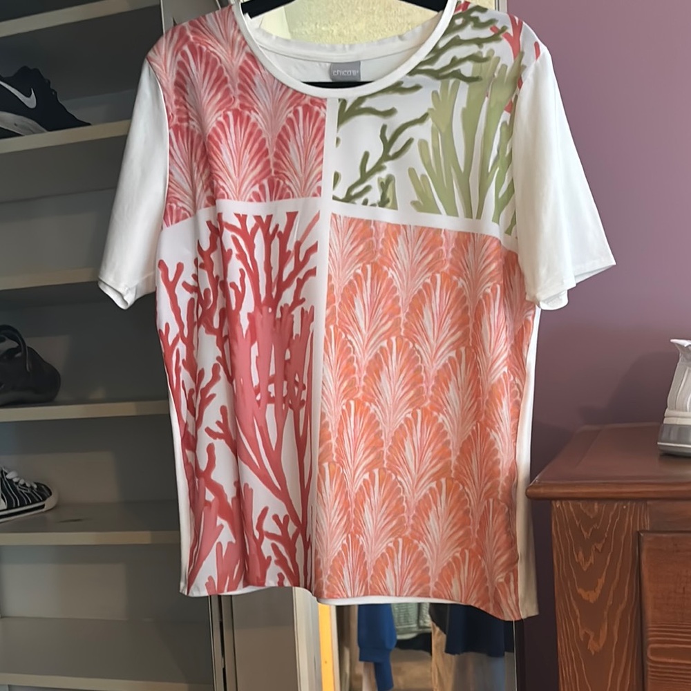 Chico's Coral and Green Patterned T-Shirt